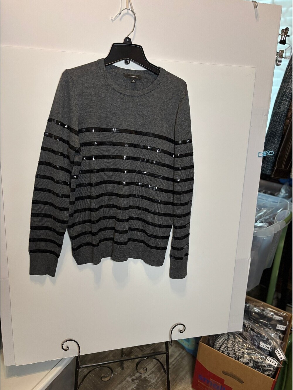 Ann Taylor gray striped sequined sweater